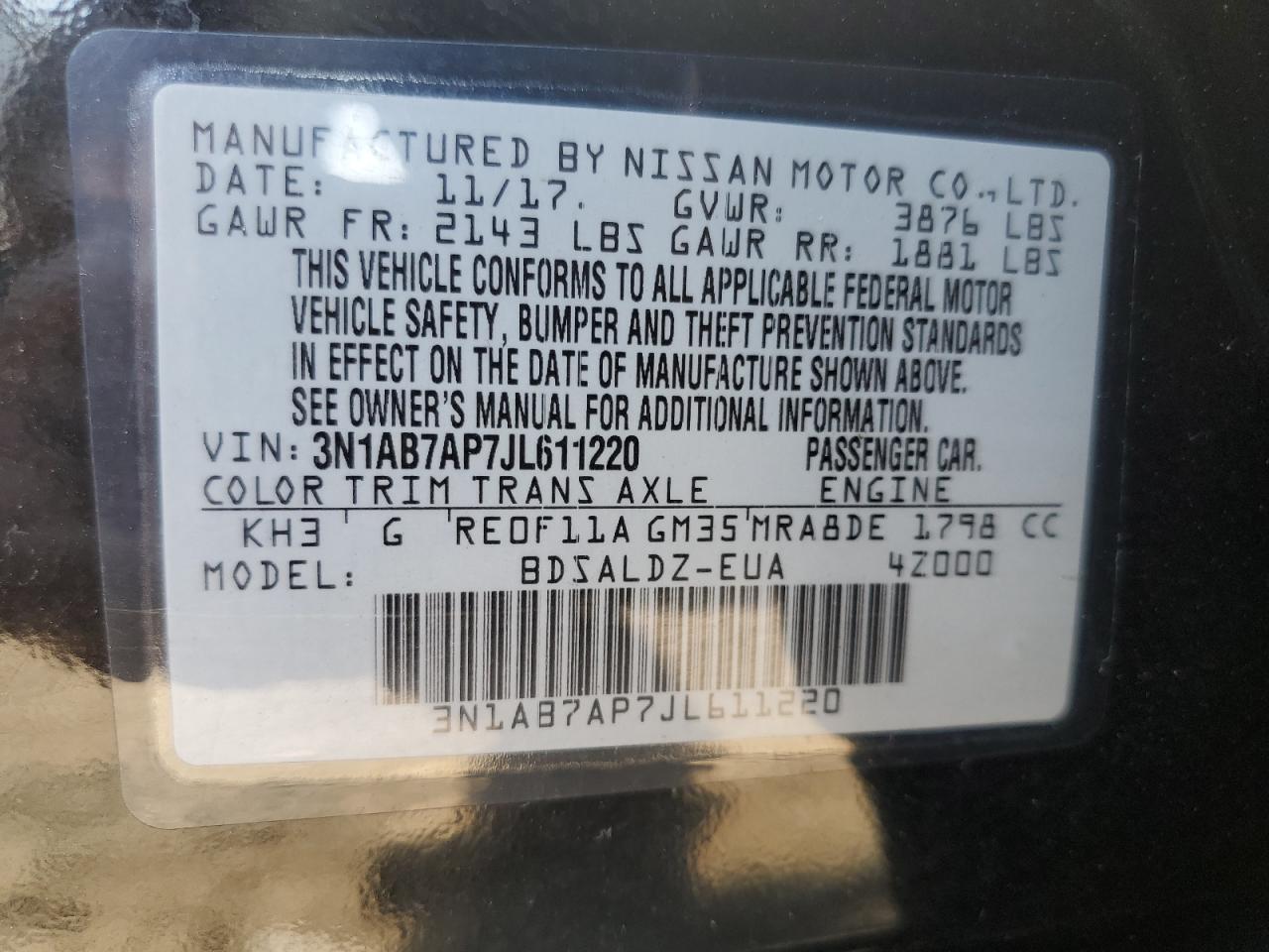 2018 Nissan Sentra S VIN: 3N1AB7AP7JL611220 Lot: 66798065