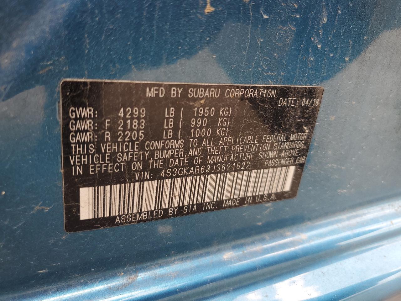 2018 Subaru Impreza Premium VIN: 4S3GKAB63J3621622 Lot: 64593335