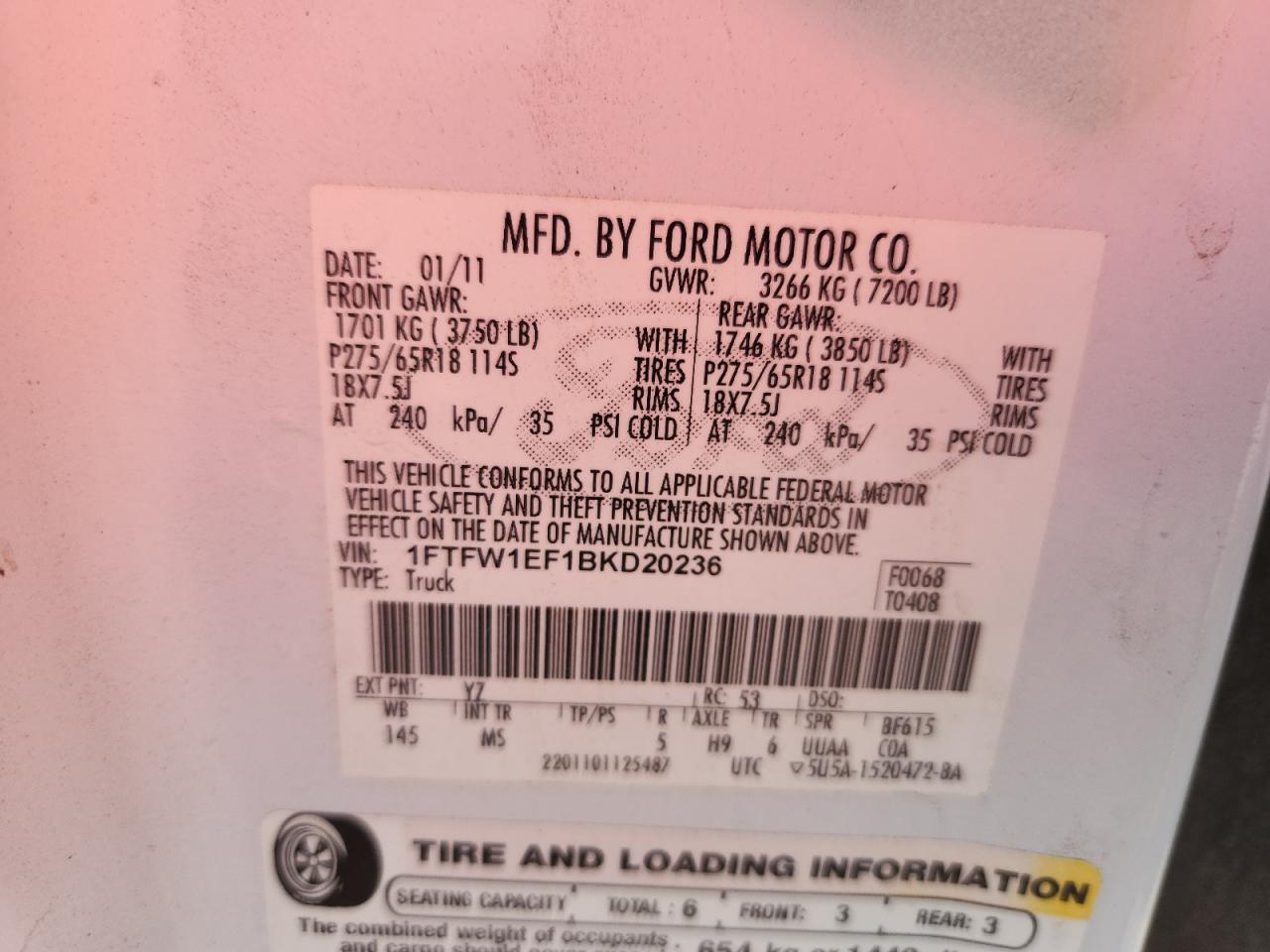 2011 Ford F150 Supercrew VIN: 1FTFW1EF1BKD20236 Lot: 64080445