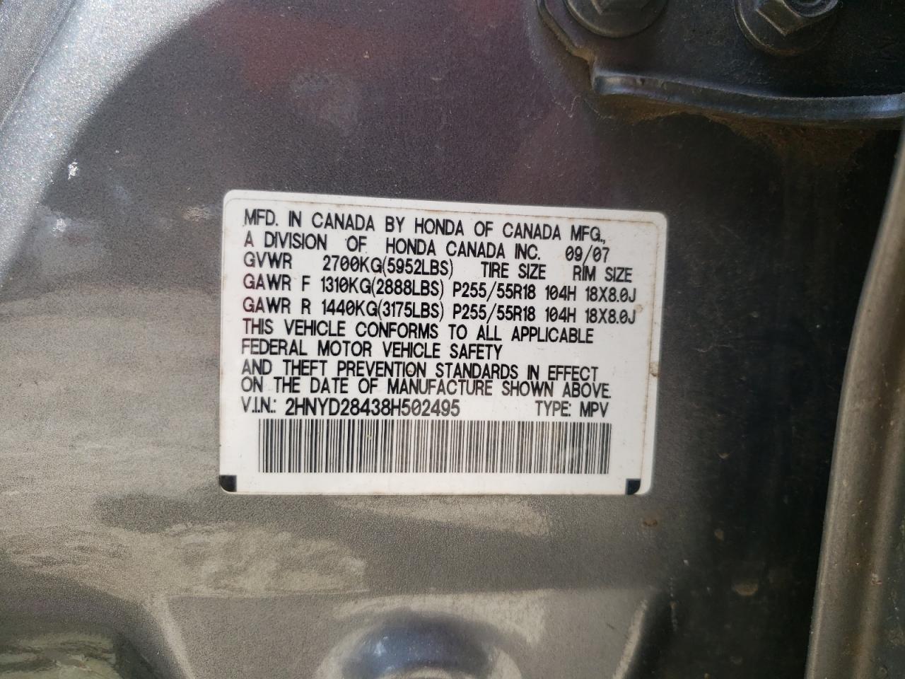 2008 Acura Mdx Technology VIN: 2HNYD28438H502495 Lot: 65695855