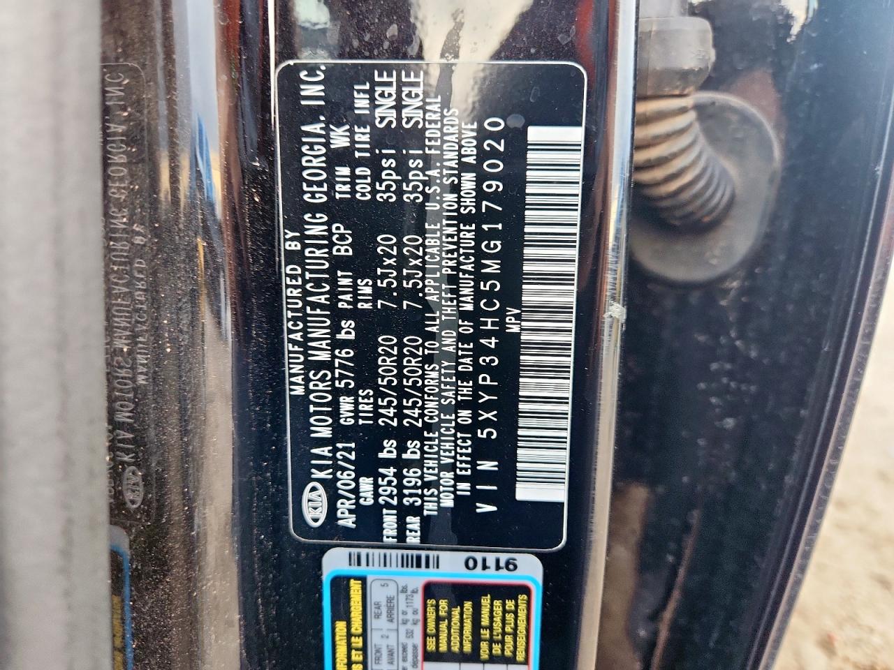 2021 Kia Telluride Ex VIN: 5XYP34HC5MG179020 Lot: 63820485