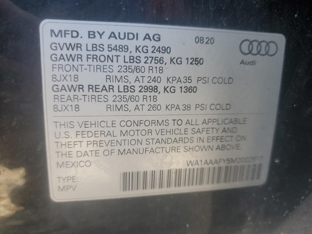 2021 Audi Q5 Premium VIN: WA1AAAFY5M2002917 Lot: 64785995