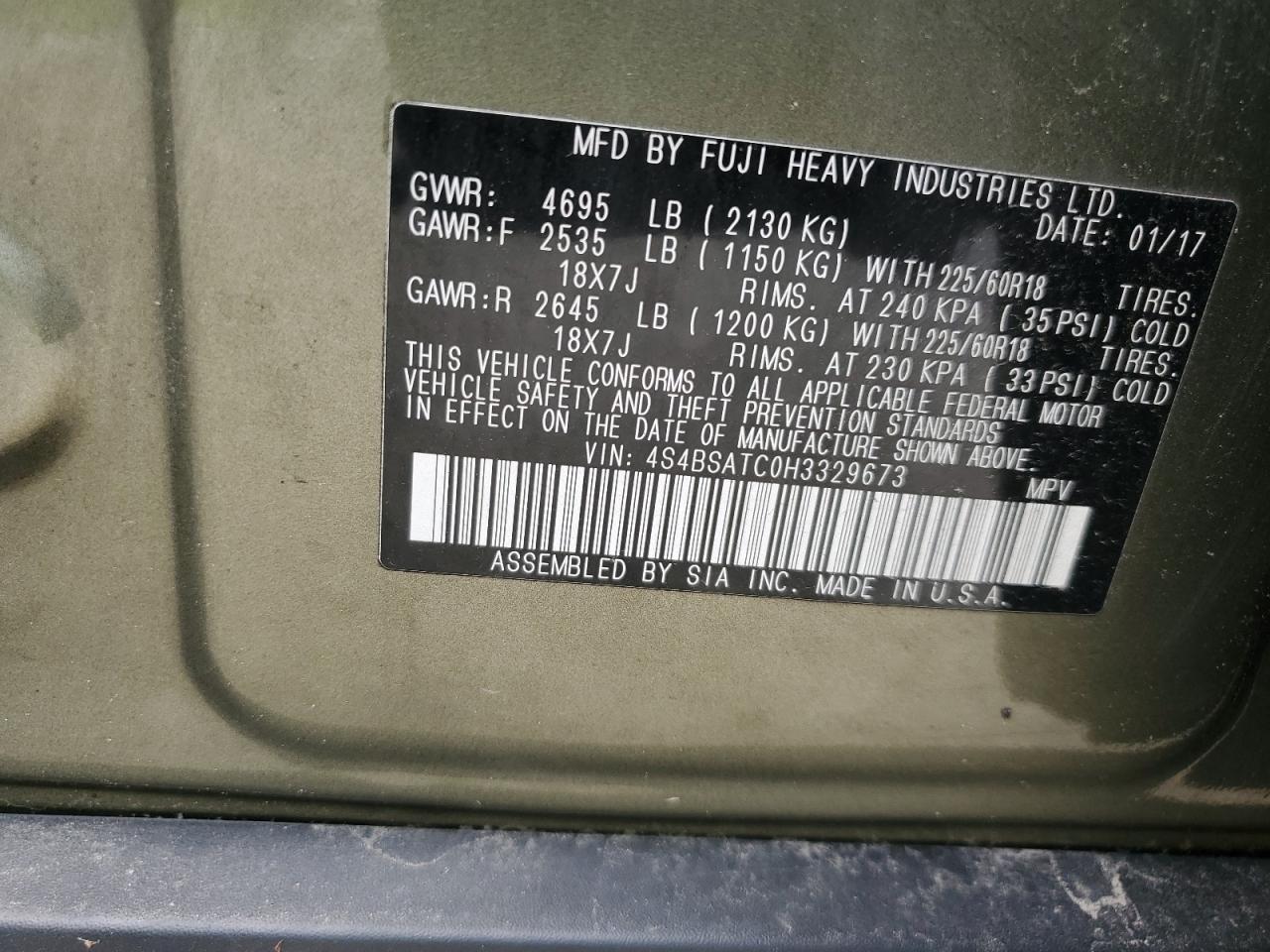 2017 Subaru Outback Touring VIN: 4S4BSATC0H3329673 Lot: 64253745