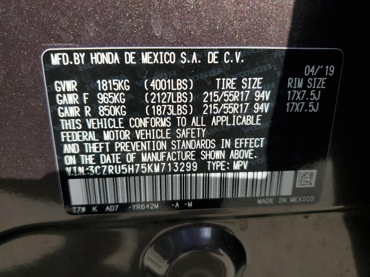 2019 Honda Hr-V Exl VIN: 3CZRU5H75KM713299 Lot: 63400385