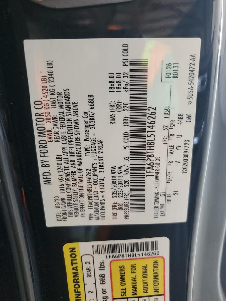 2020 Ford Mustang VIN: 1FA6P8TH8L5146262 Lot: 62527165