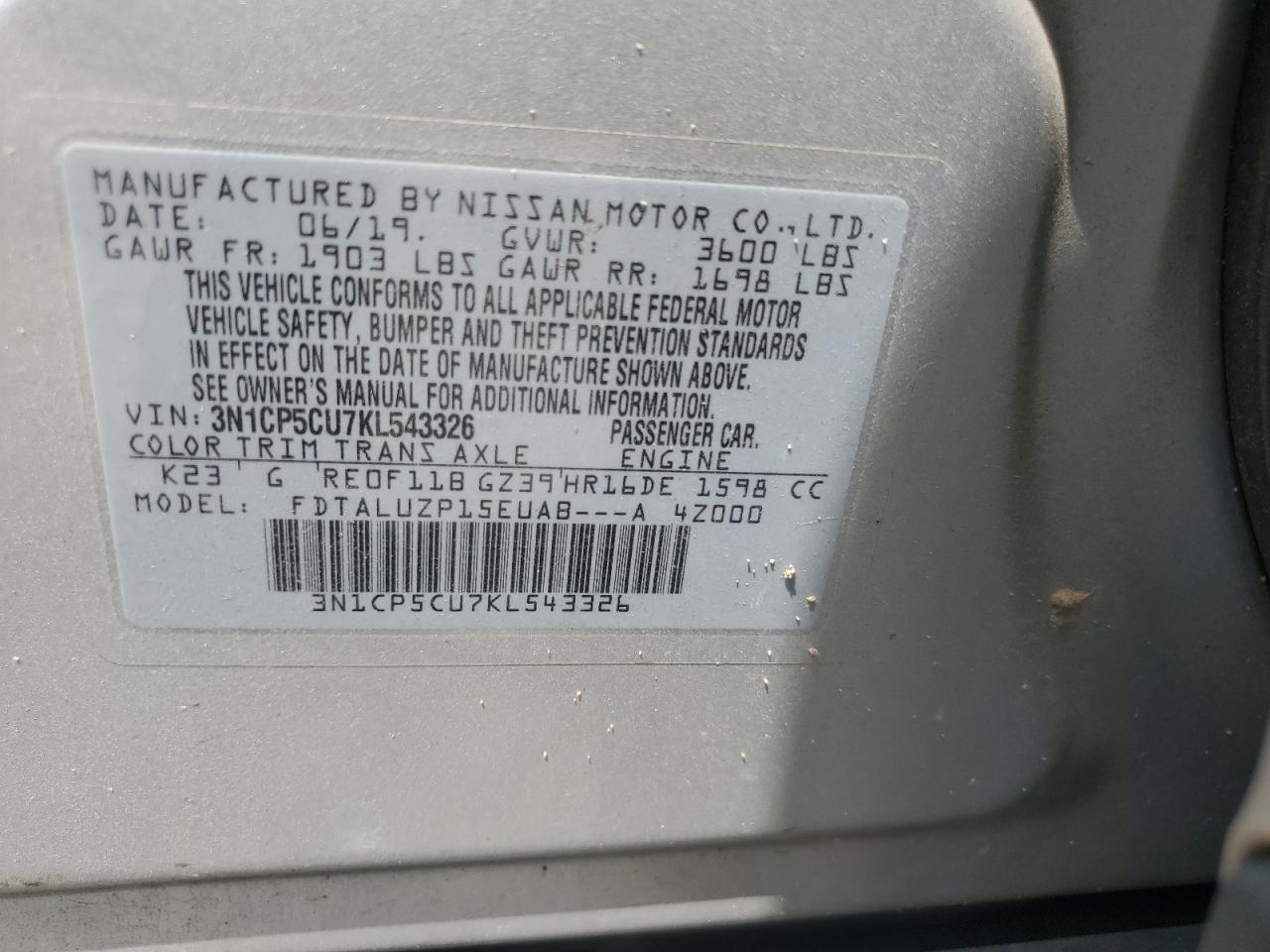 2019 Nissan Kicks S VIN: 3N1CP5CU7KL543326 Lot: 63124365
