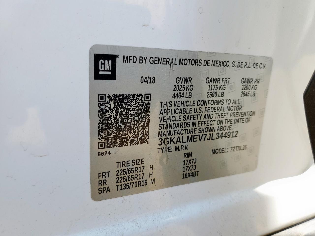2018 GMC Terrain Sle VIN: 3GKALMEV7JL344912 Lot: 63995315