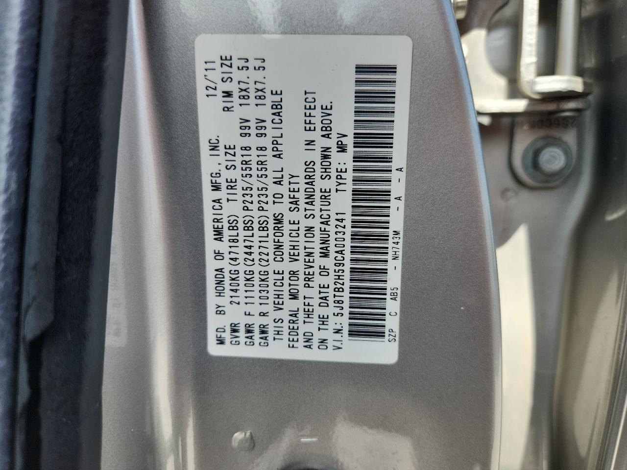 2012 Acura Rdx Technology VIN: 5J8TB2H59CA003241 Lot: 63512775