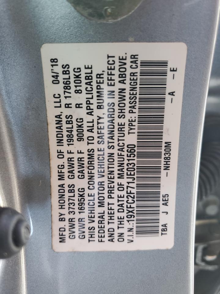 2018 Honda Civic Ex VIN: 19XFC2F71JE031560 Lot: 65581215