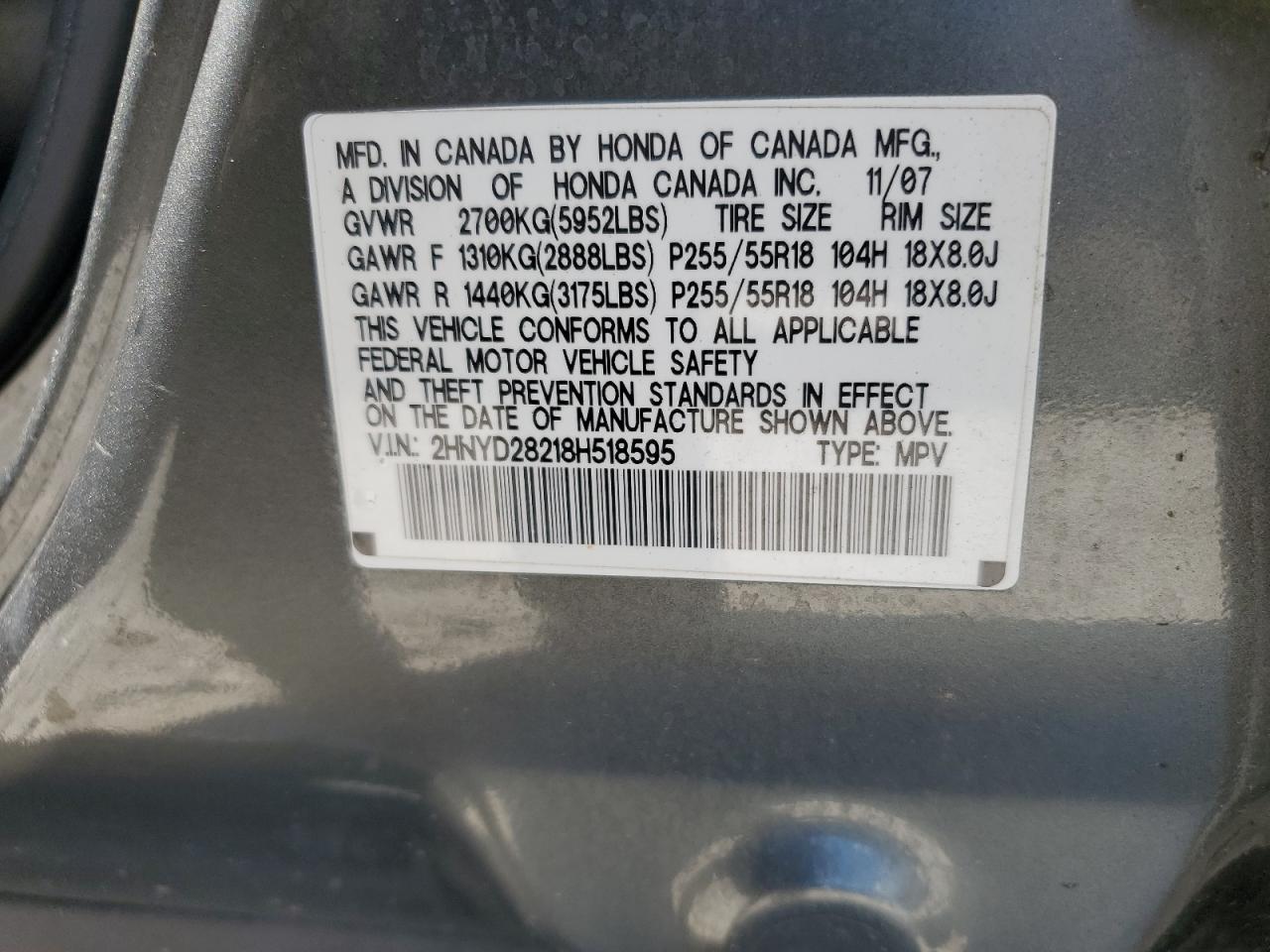 2008 Acura Mdx VIN: 2HNYD28218H518595 Lot: 63224255