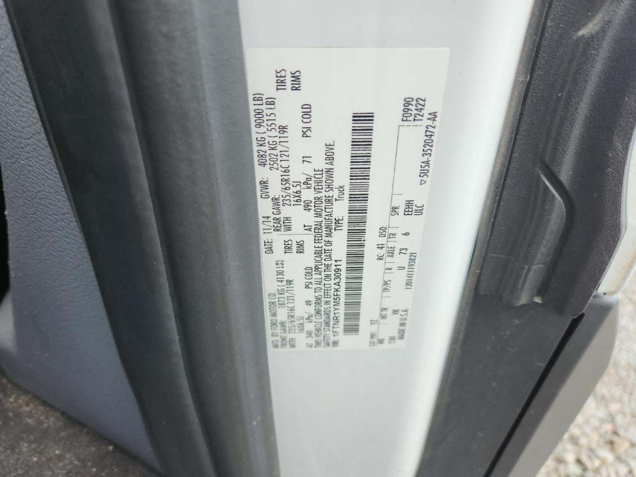 2015 Ford Transit T-250 VIN: 1FTNR1YM5FKA30911 Lot: 62777575