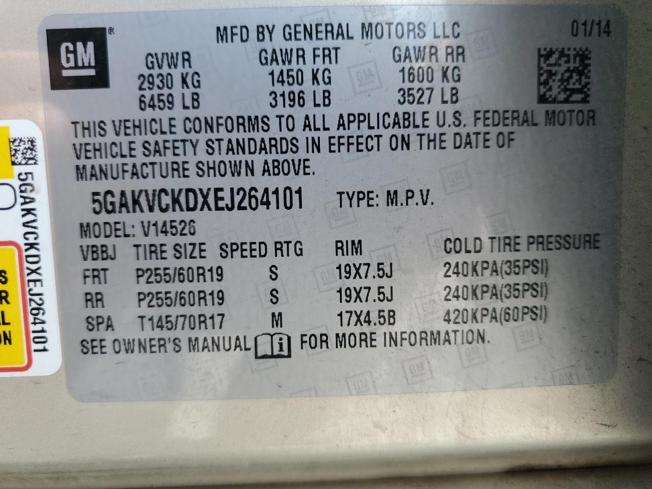 2014 Buick Enclave VIN: 5GAKVCKDXEJ264101 Lot: 63637035