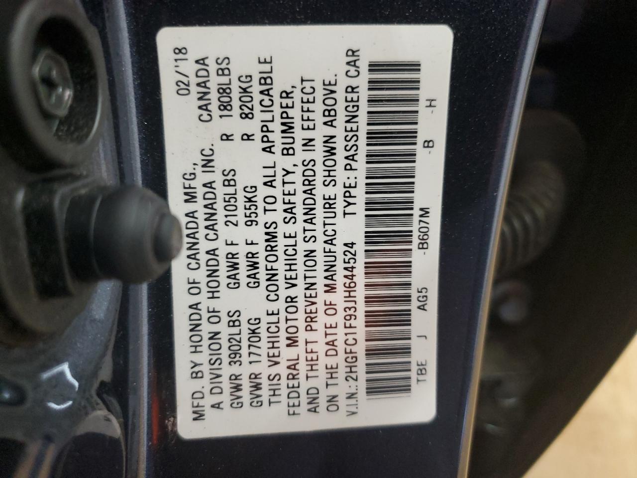 2018 Honda Civic Touring VIN: 2HGFC1F93JH644524 Lot: 64761265