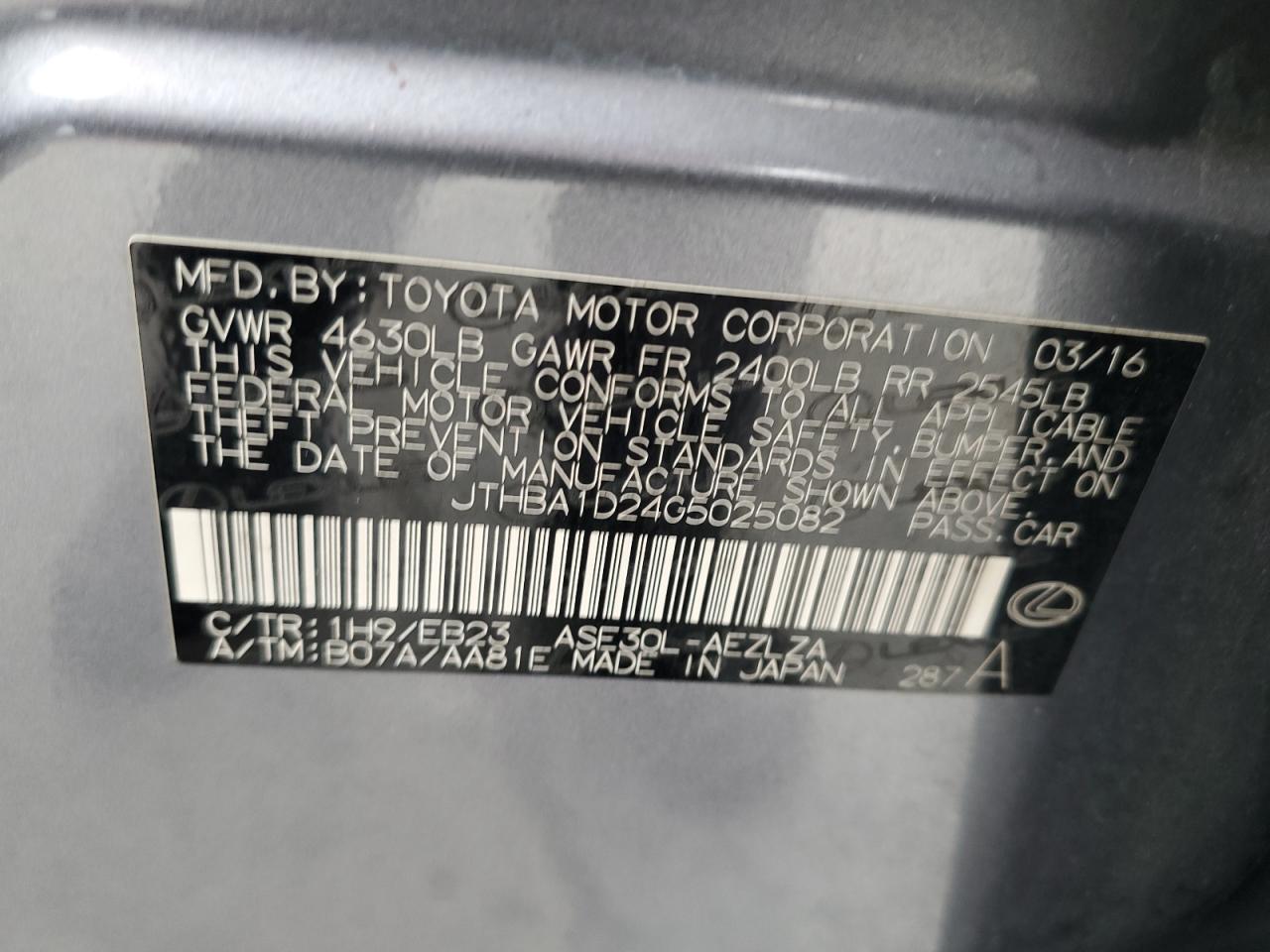 2016 Lexus Is 200T VIN: JTHBA1D24G5025082 Lot: 66027045