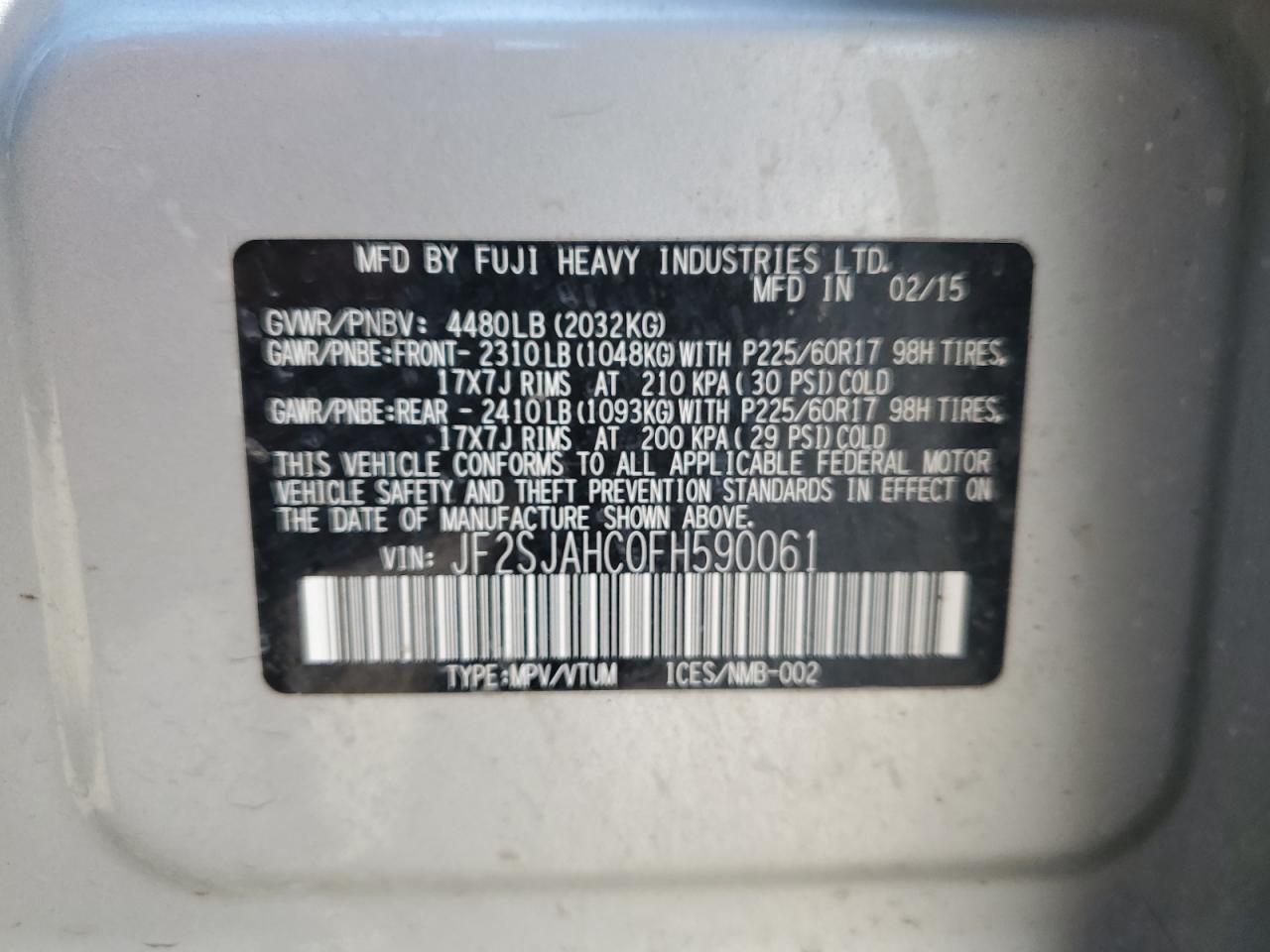 2015 Subaru Forester 2.5I Limited VIN: JF2SJAHC0FH590061 Lot: 62934615