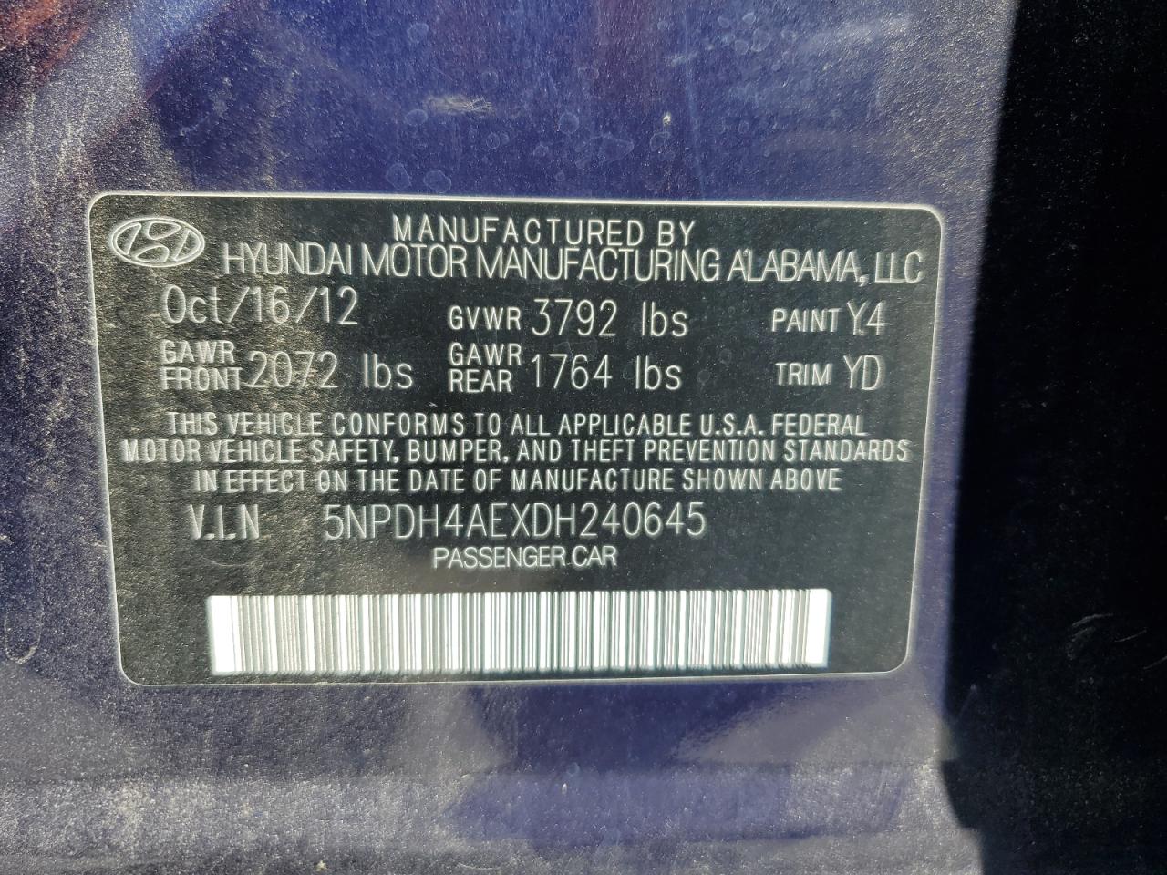 2013 Hyundai Elantra Gls VIN: 5NPDH4AEXDH240645 Lot: 62789575
