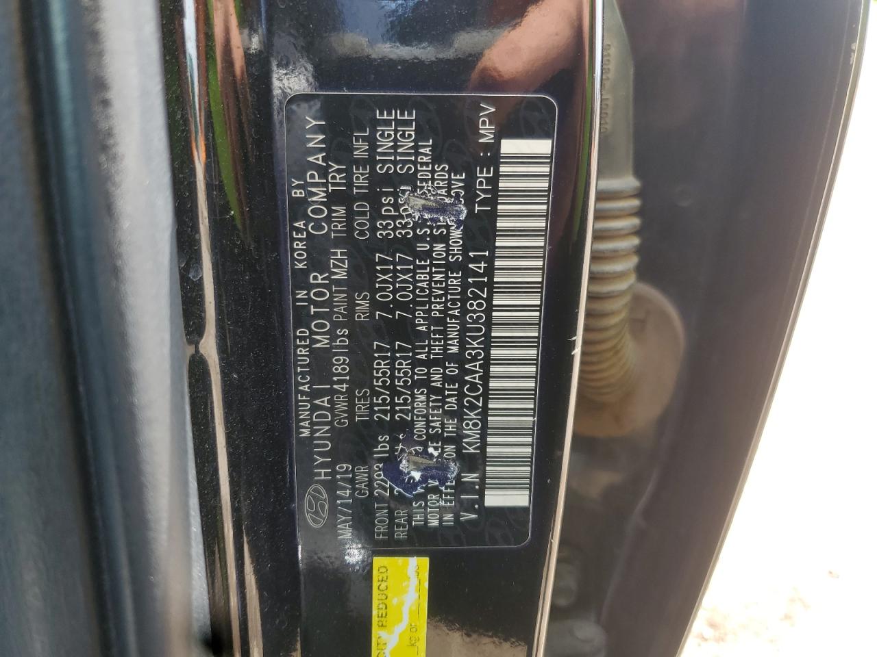 2019 Hyundai Kona Sel VIN: KM8K2CAA3KU382141 Lot: 63777355