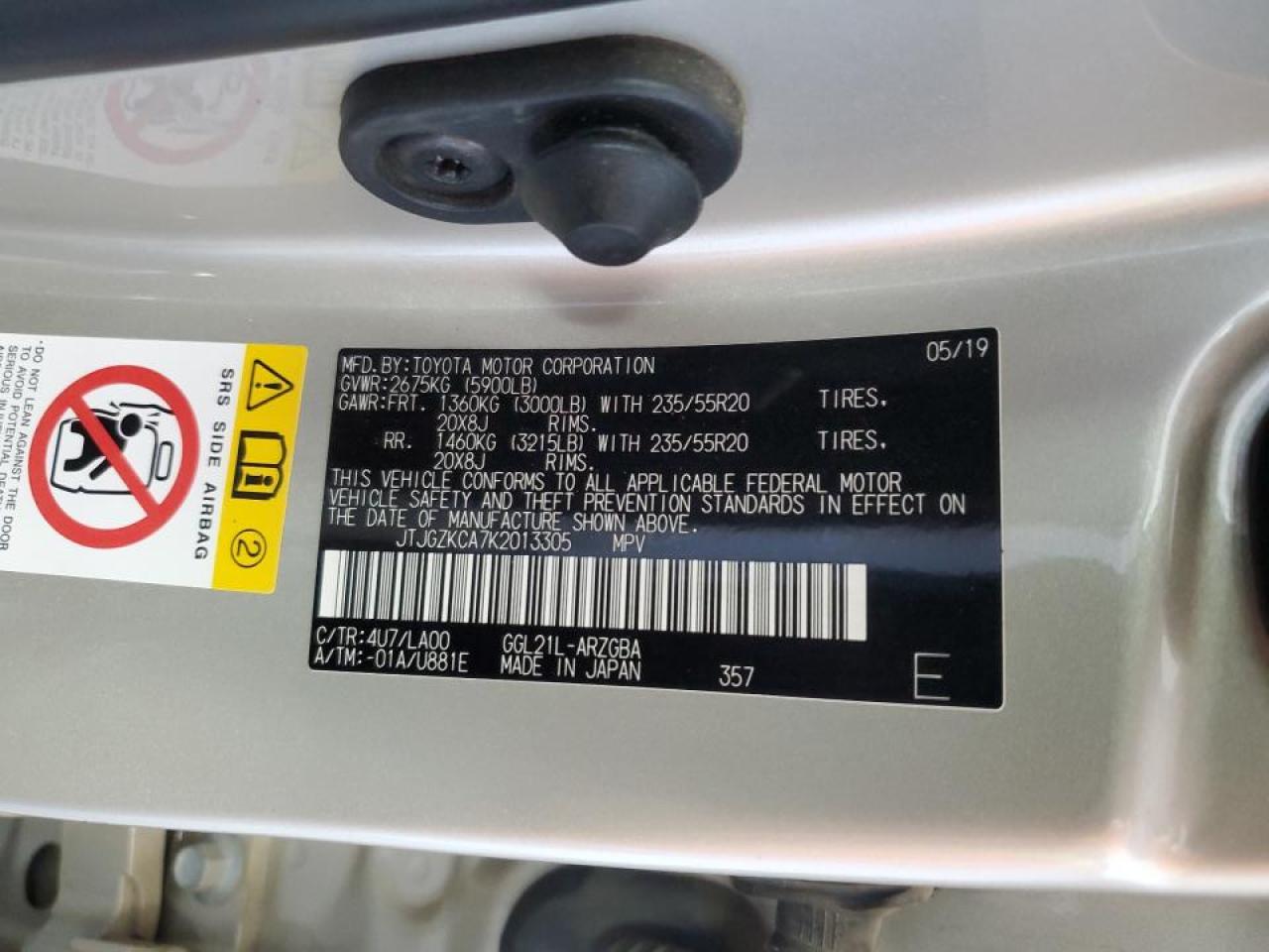 2019 Lexus Rx 350 L VIN: JTJGZKCA7K2013305 Lot: 64445025