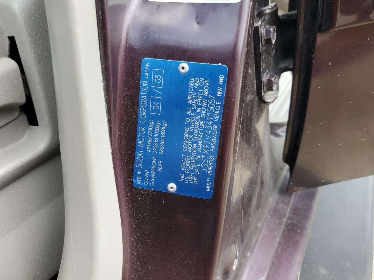 js3tx92v434115057 JS3TX92V434115057 2003 Suzuki Xl7 Plus