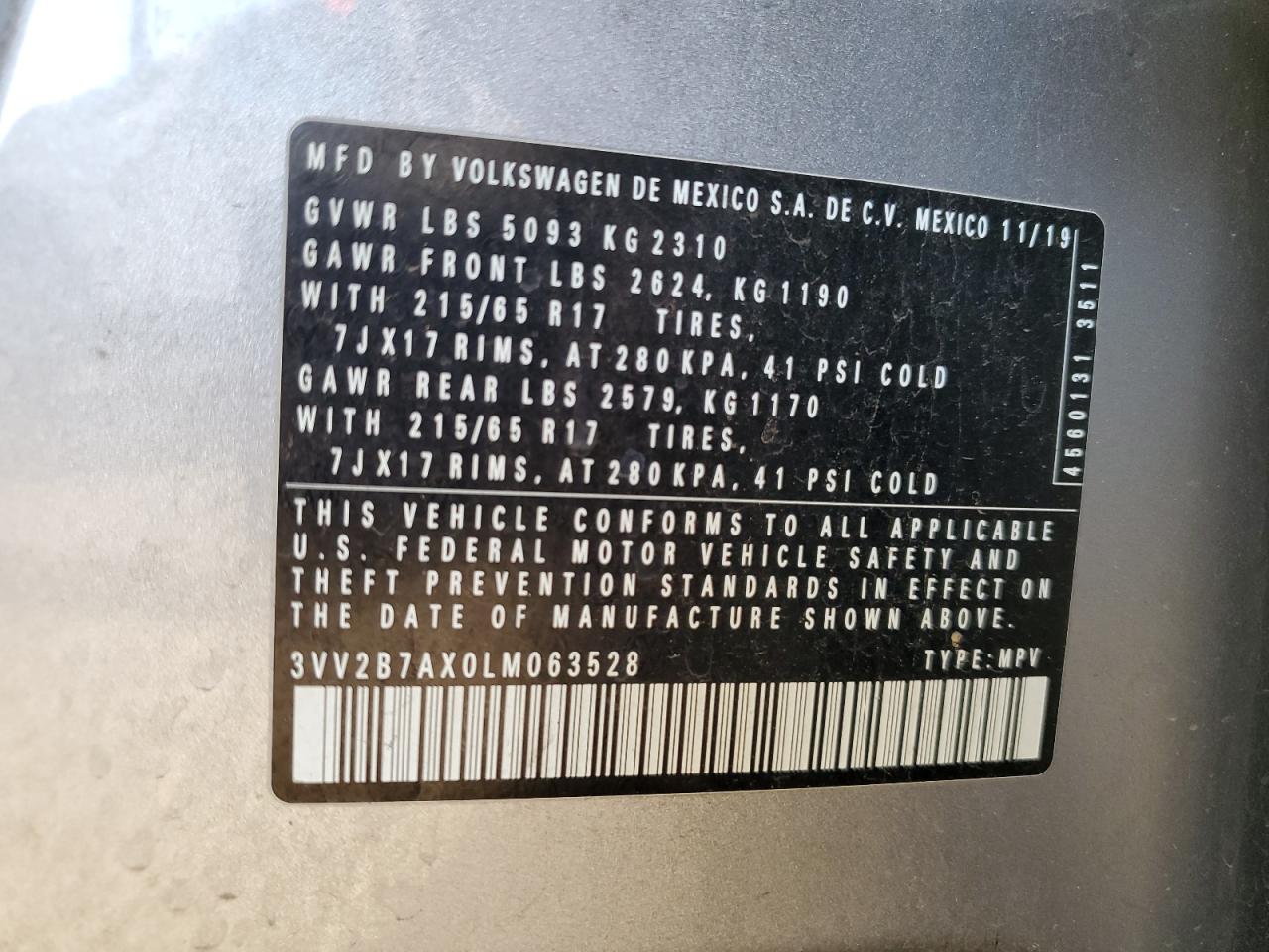 2020 Volkswagen Tiguan Se VIN: 3VV2B7AX0LM063528 Lot: 63671695
