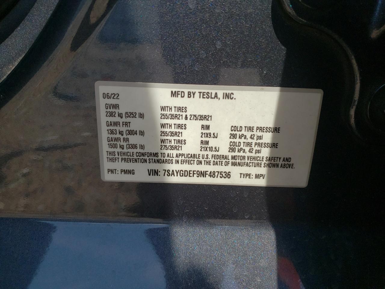 2022 Tesla Model Y VIN: 7SAYGDEF9NF487536 Lot: 63795595