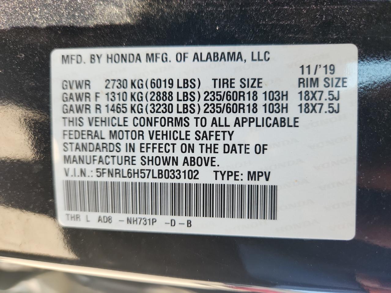 2020 Honda Odyssey Ex VIN: 5FNRL6H57LB033102 Lot: 62940265