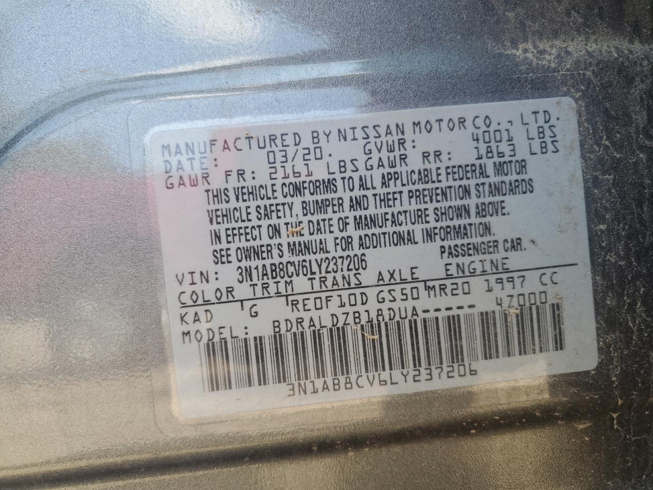 2020 Nissan Sentra Sv VIN: 3N1AB8CV6LY237206 Lot: 66247005