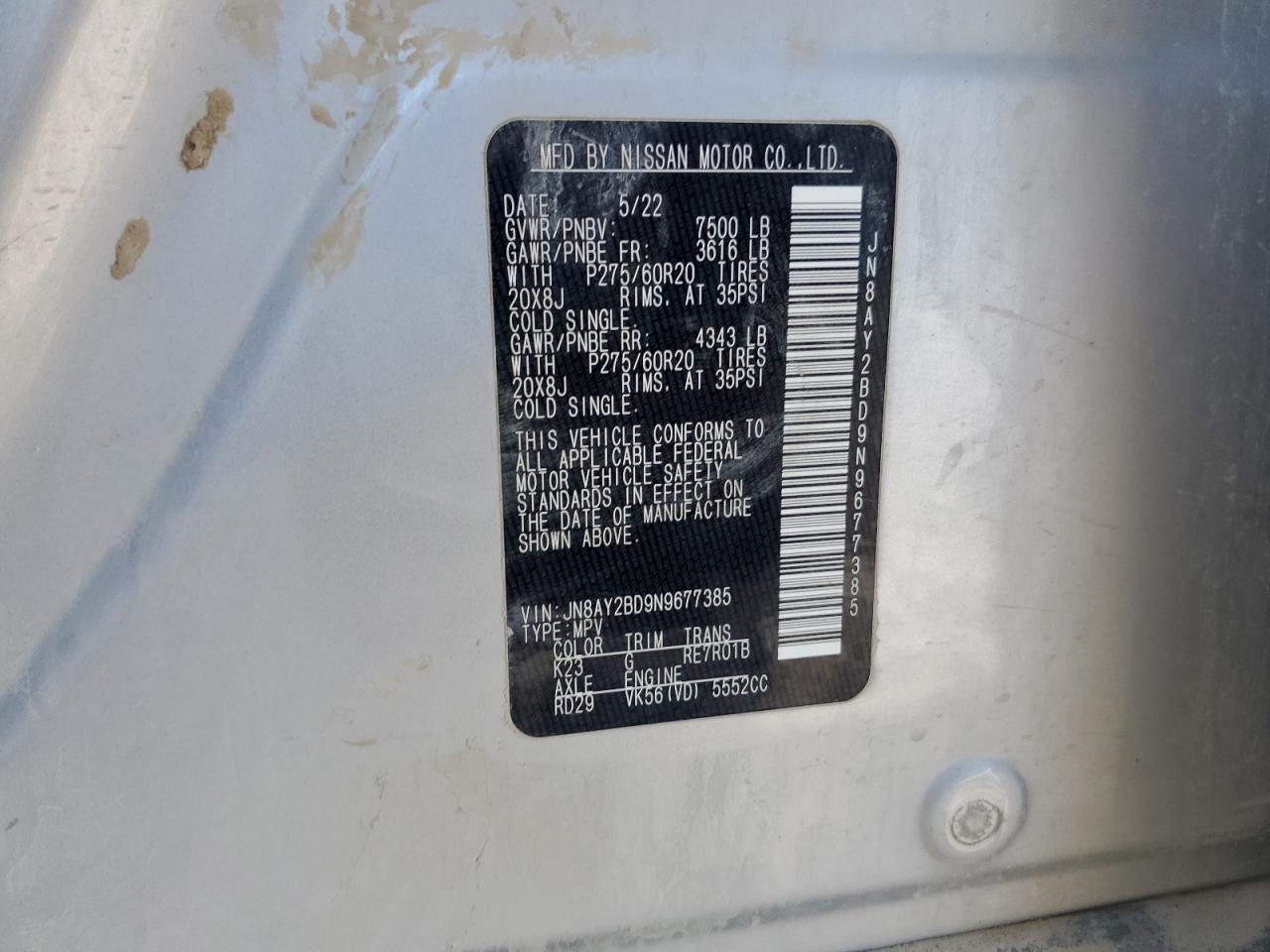 2022 Nissan Armada Sl VIN: JN8AY2BD9N9677385 Lot: 63859055