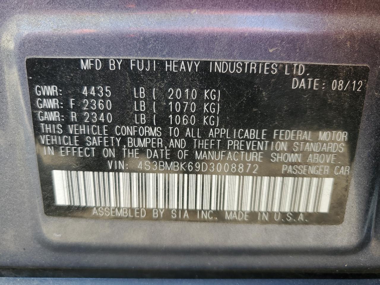 2013 Subaru Legacy 2.5I Limited VIN: 4S3BMBK69D3008872 Lot: 63049965