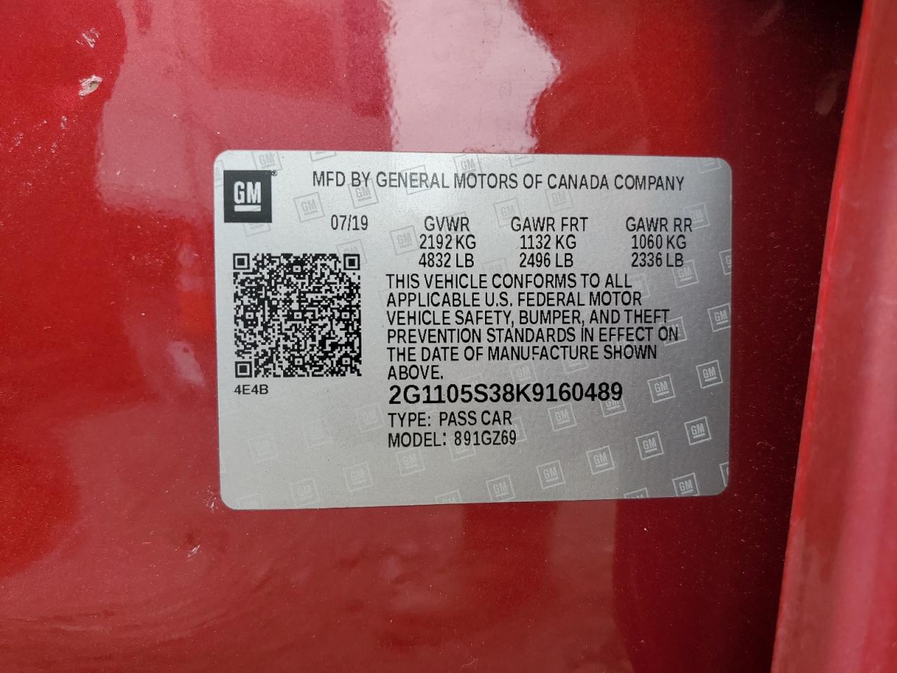 2G1105S38K9160489 CHEVROLET IMPALA 2019