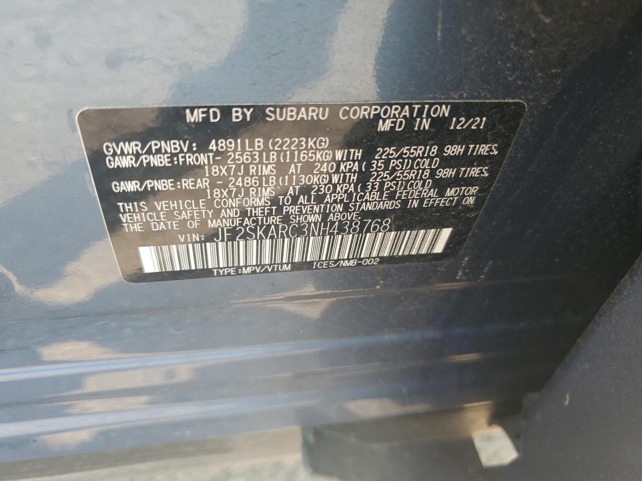 2022 Subaru Forester Touring VIN: JF2SKARC3NH438768 Lot: 64783845