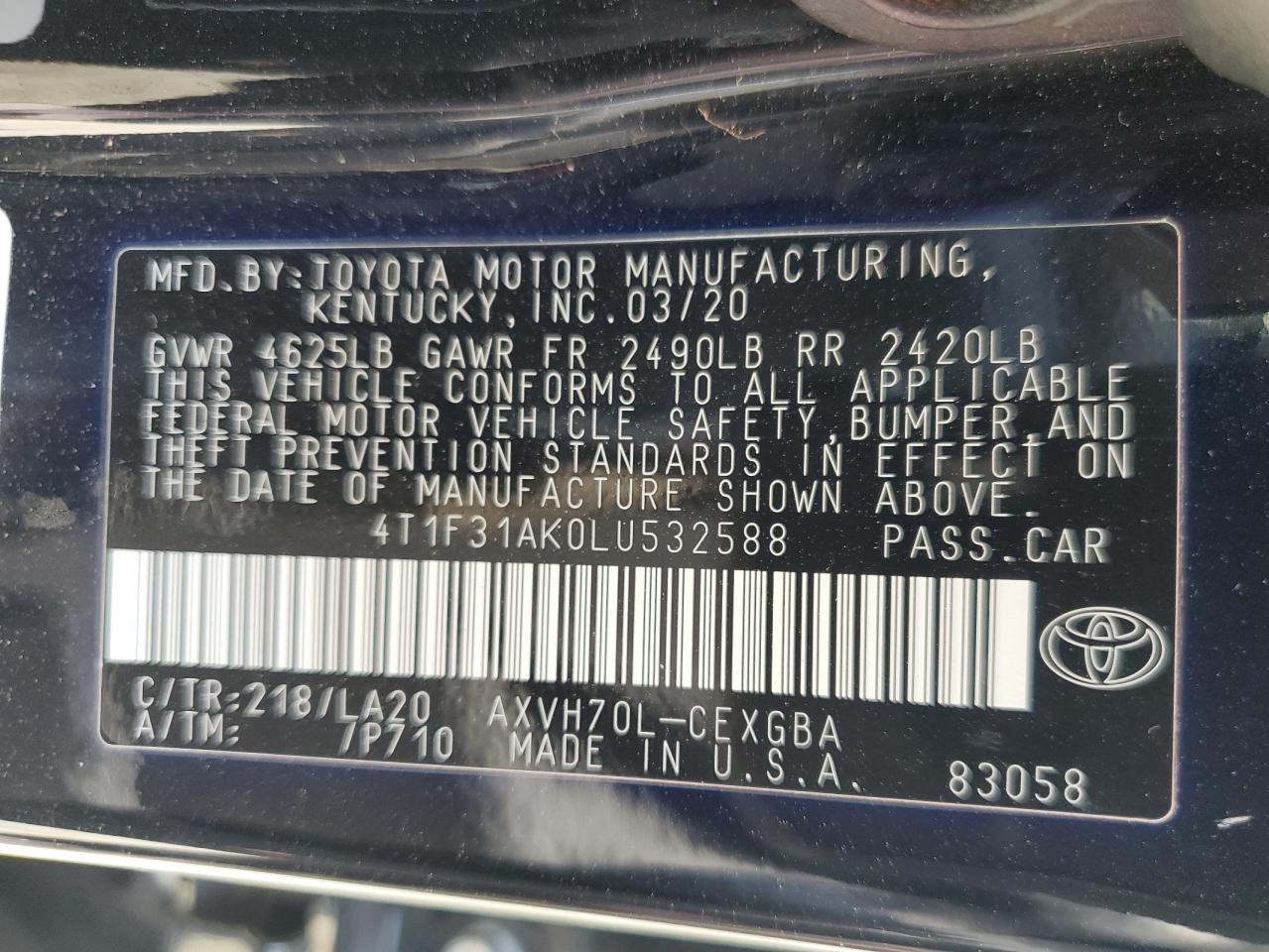 2020 Toyota Camry Xle VIN: 4T1F31AK0LU532588 Lot: 64687345