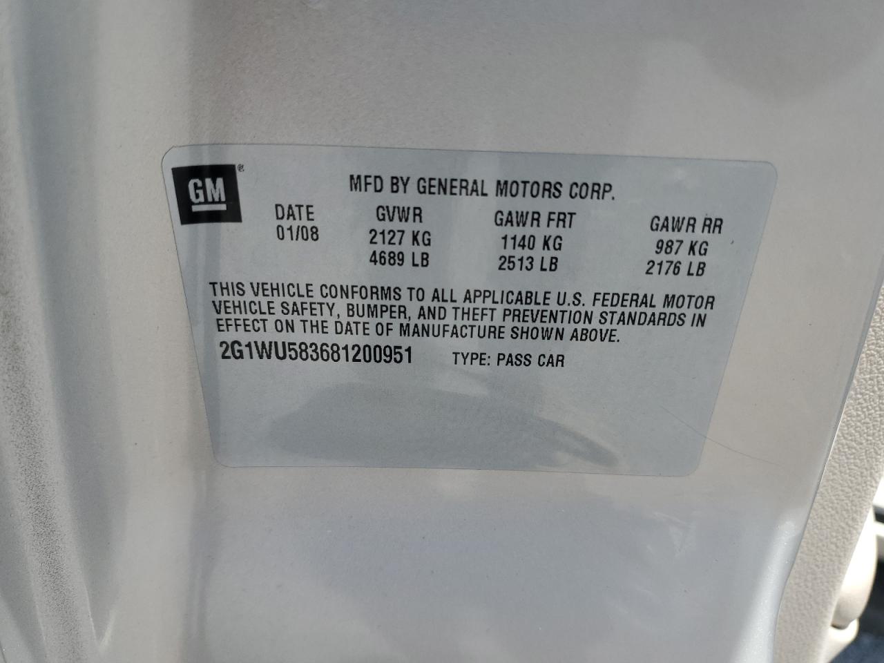 2008 Chevrolet Impala Ltz VIN: 2G1WU583681200951 Lot: 64546385