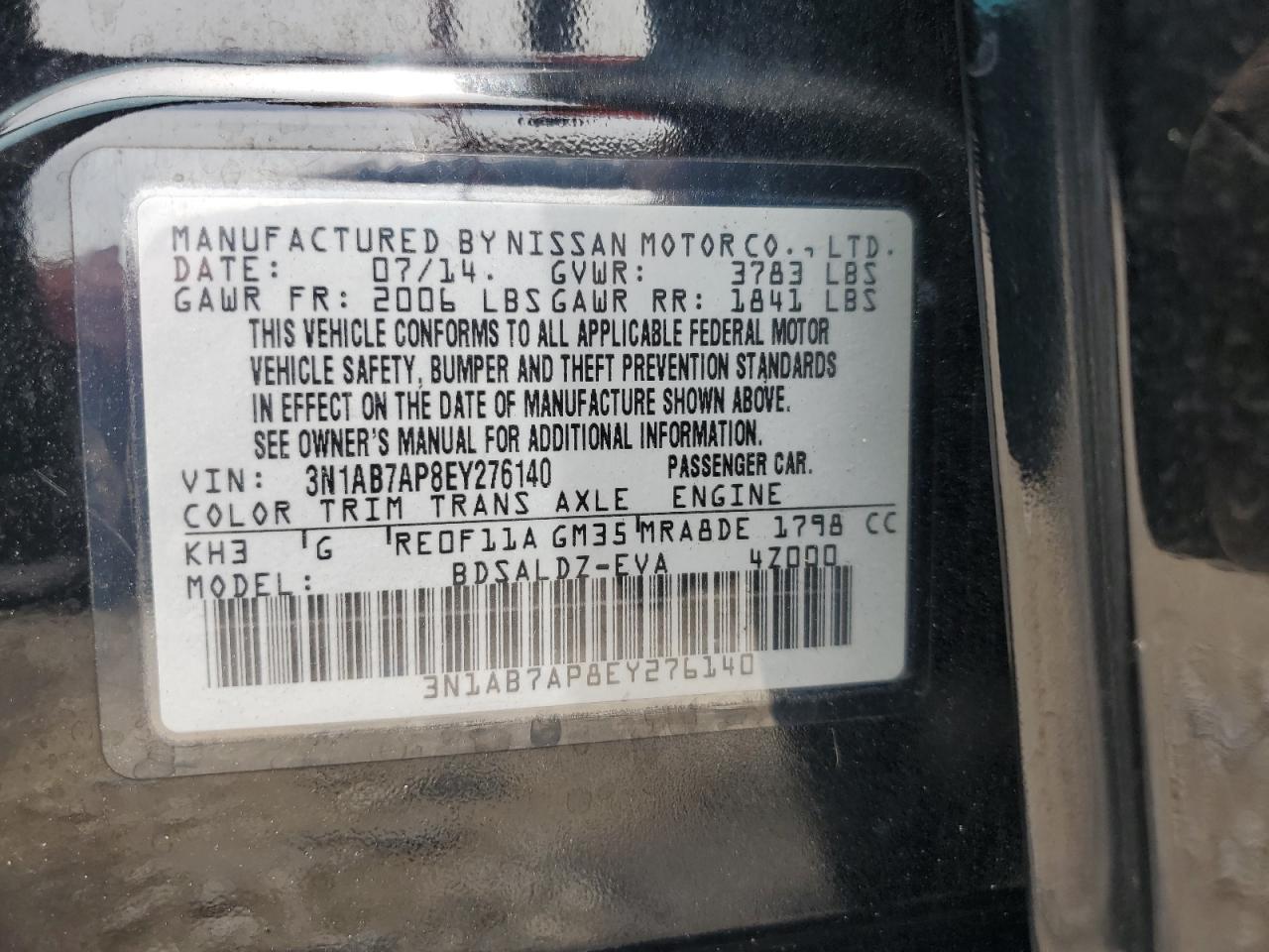 2014 Nissan Sentra S VIN: 3N1AB7AP8EY276140 Lot: 63571725