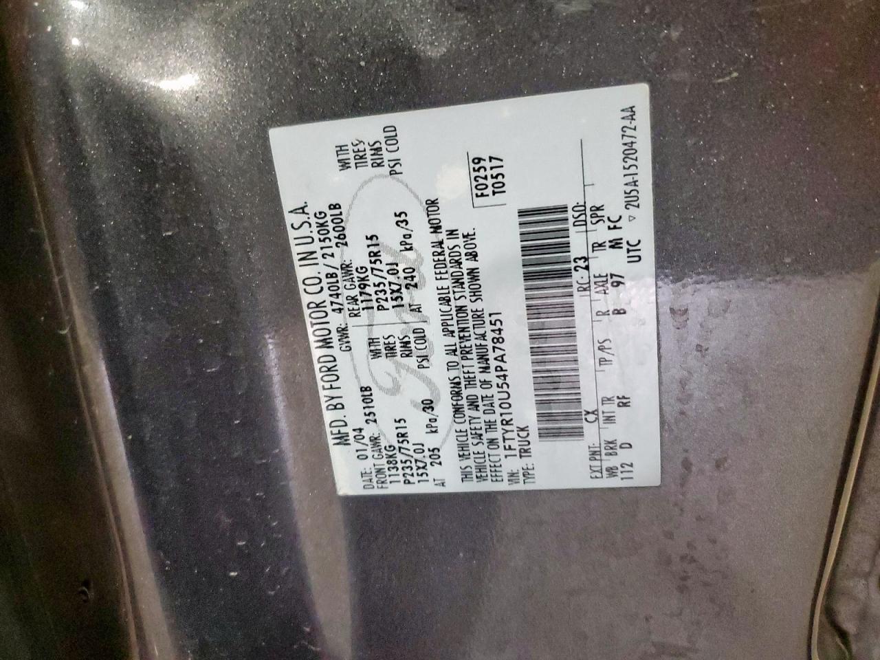2004 Ford Ranger VIN: 1FTYR10U54PA78451 Lot: 65030195