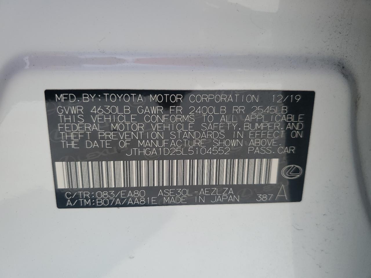 2020 Lexus Is 300 F Sport VIN: JTHGA1D25L5104552 Lot: 66652855