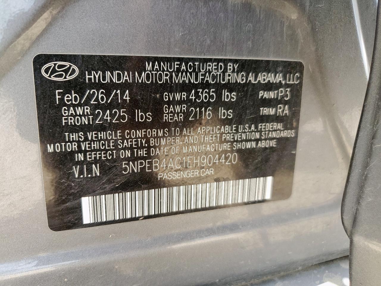 2014 Hyundai Sonata Gls VIN: 5NPEB4AC1EH904420 Lot: 64895835