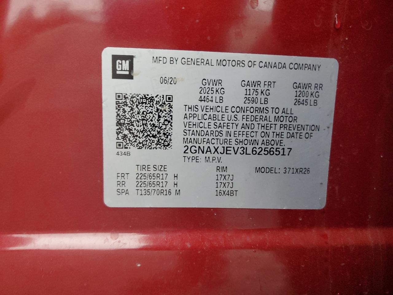 2020 Chevrolet Equinox Lt VIN: 2GNAXJEV3L6256517 Lot: 67030475