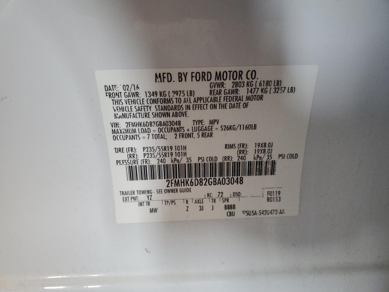 2016 Ford Flex Limited VIN: 2FMHK6D82GBA03048 Lot: 64905515
