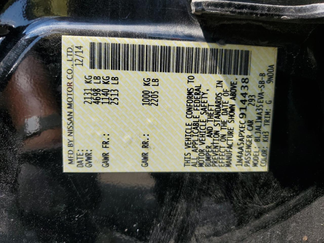 2014 Nissan Maxima S VIN: 1N4AA5APXEC914438 Lot: 63063795