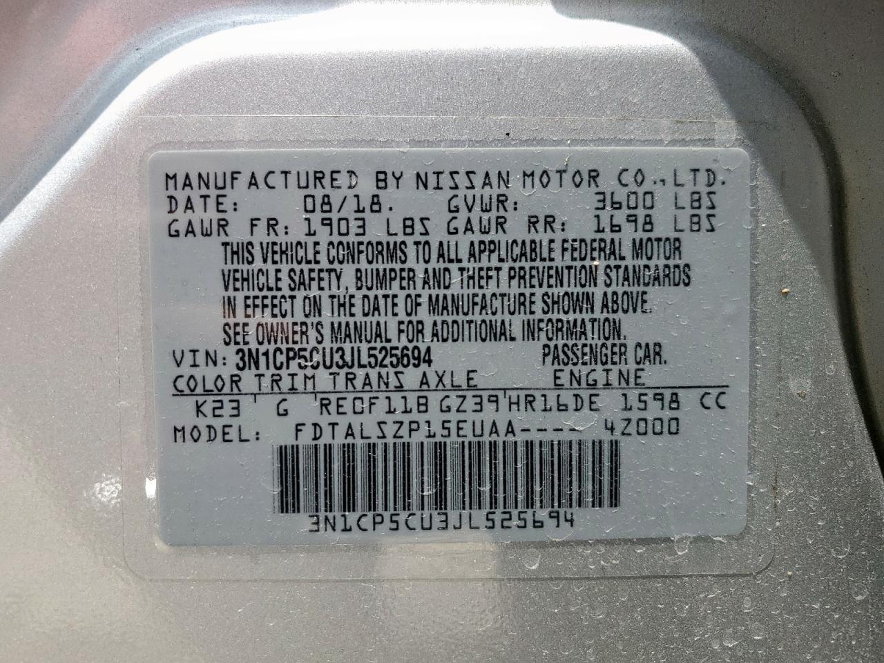 2018 Nissan Kicks S VIN: 3N1CP5CU3JL525694 Lot: 64800905