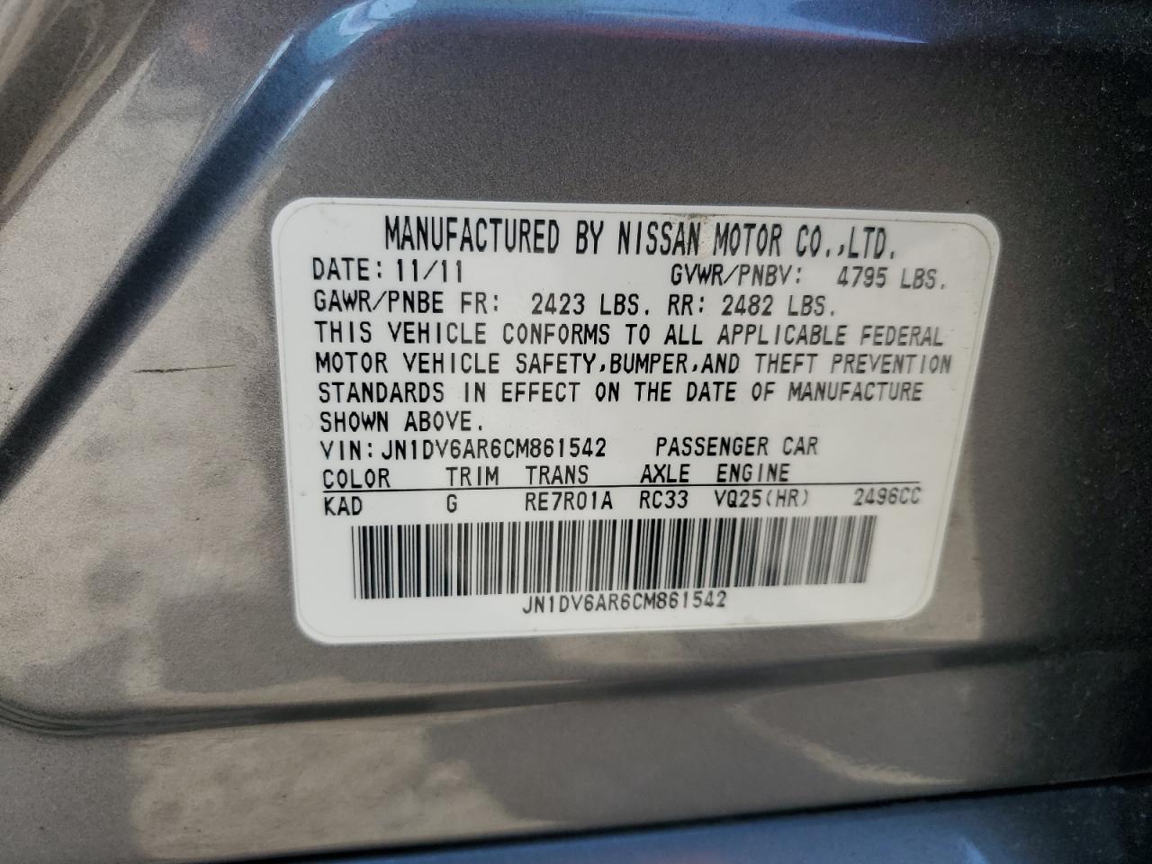 2012 Infiniti G25 VIN: JN1DV6AR6CM861542 Lot: 64947035