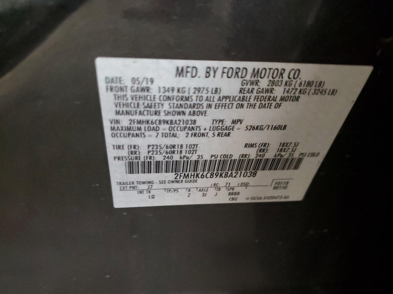 2019 Ford Flex Sel VIN: 2FMHK6C89KBA21038 Lot: 64548905