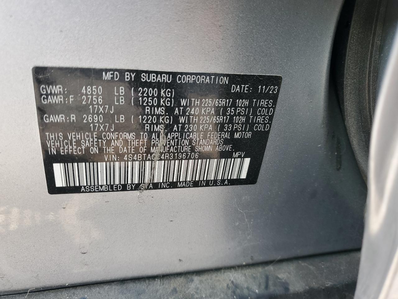2024 Subaru Outback Premium VIN: 4S4BTACC4R3196706 Lot: 65097775