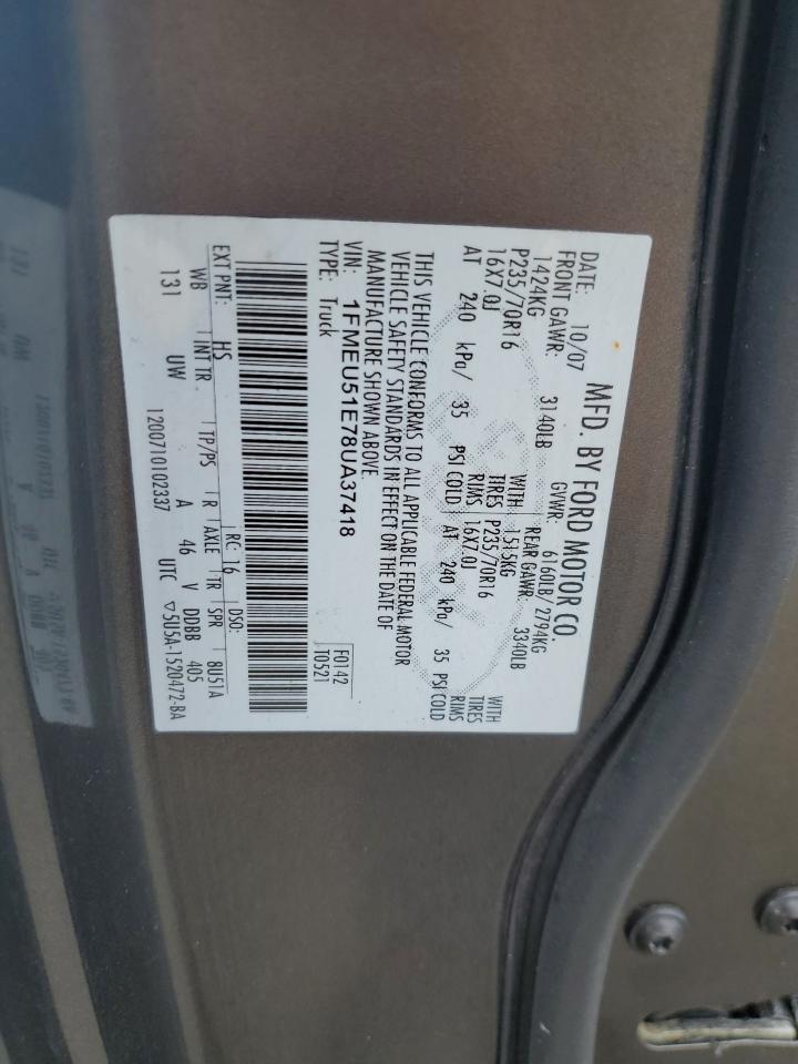 2008 Ford Explorer Sport Trac Xlt VIN: 1FMEU51E78UA37418 Lot: 64928405