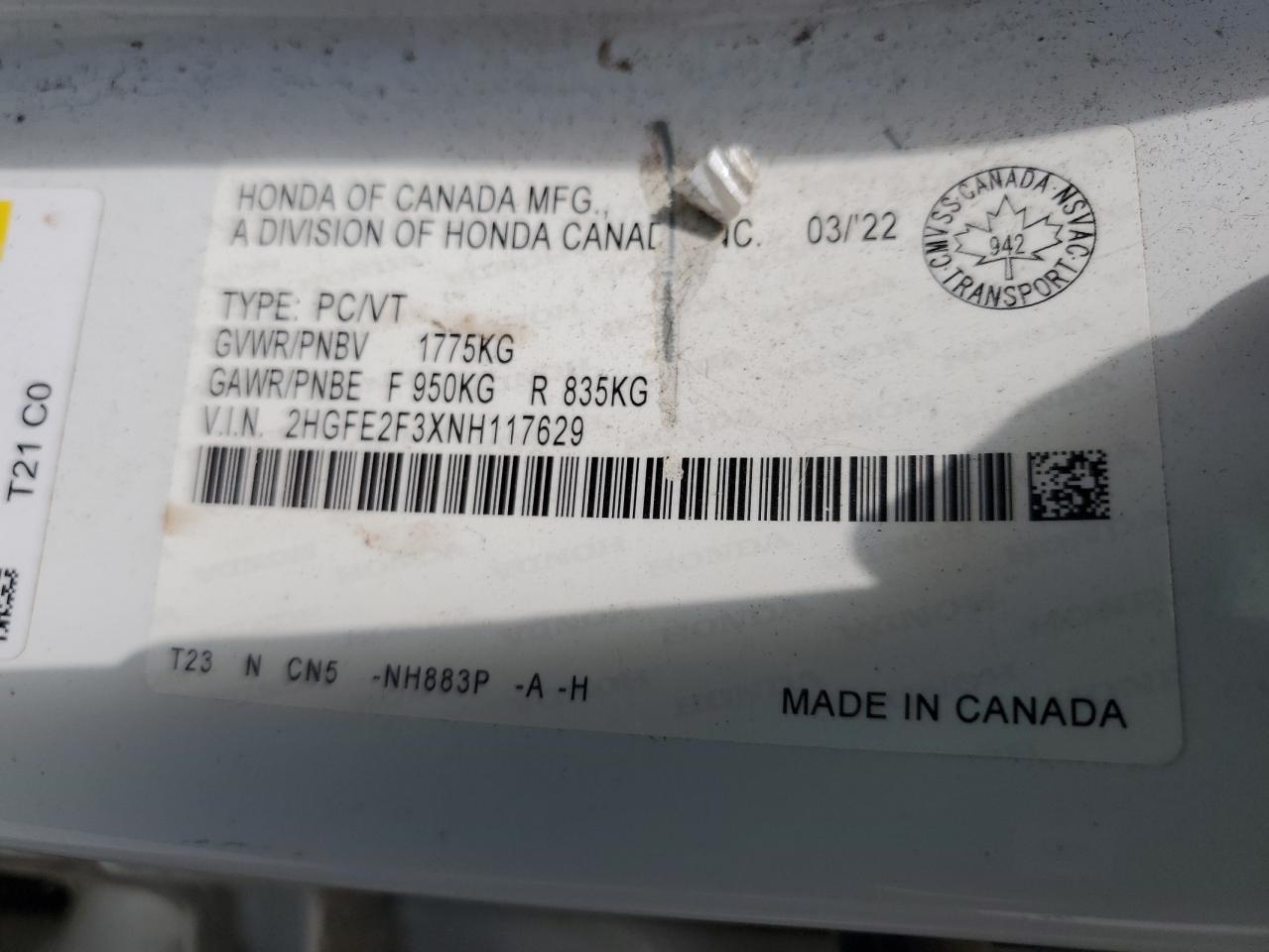 2022 Honda Civic Ex VIN: 2HGFE2F3XNH117629 Lot: 65165855
