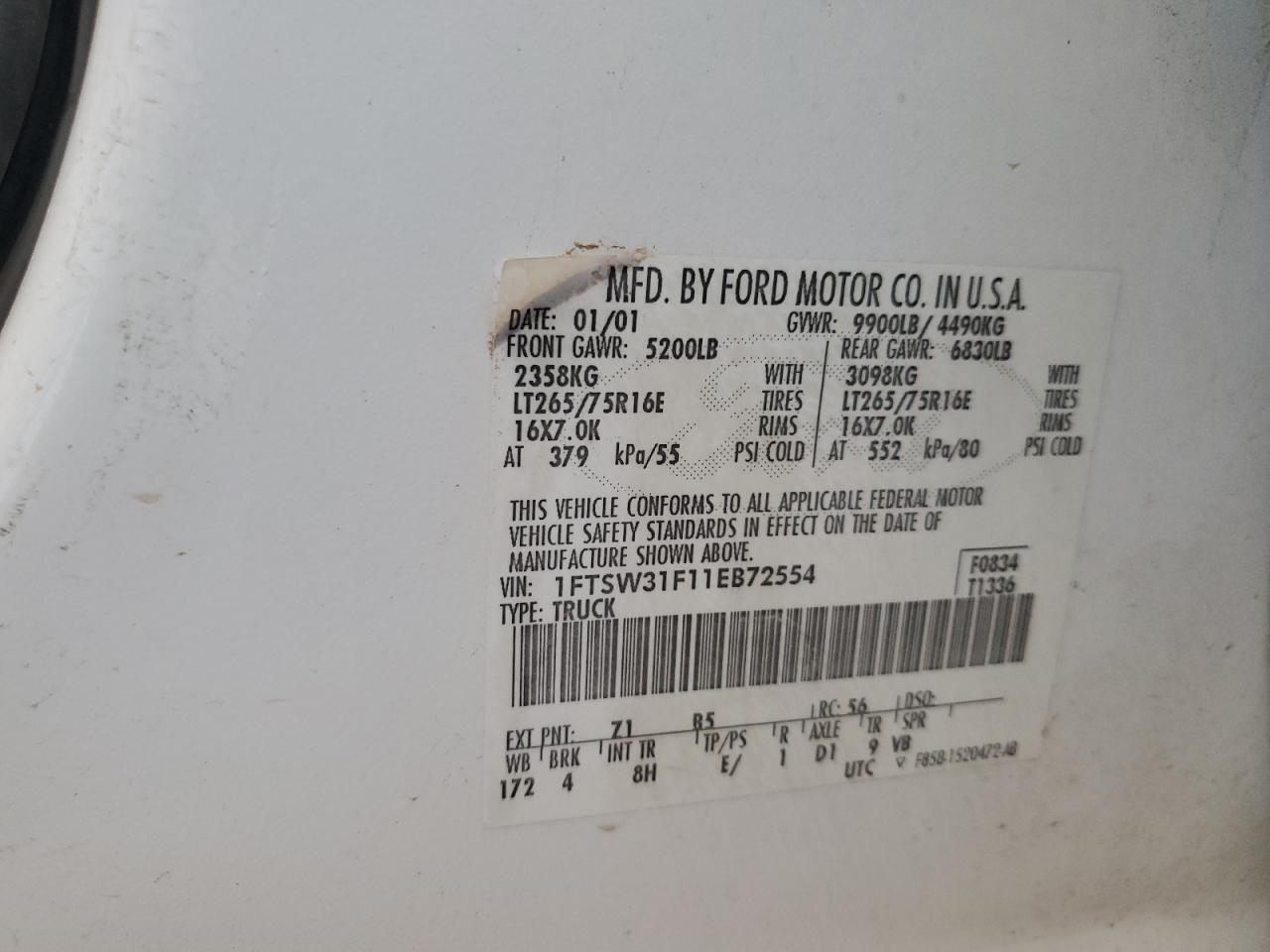 2001 Ford F350 Srw Super Duty VIN: 1FTSW31F11EB72554 Lot: 66117285