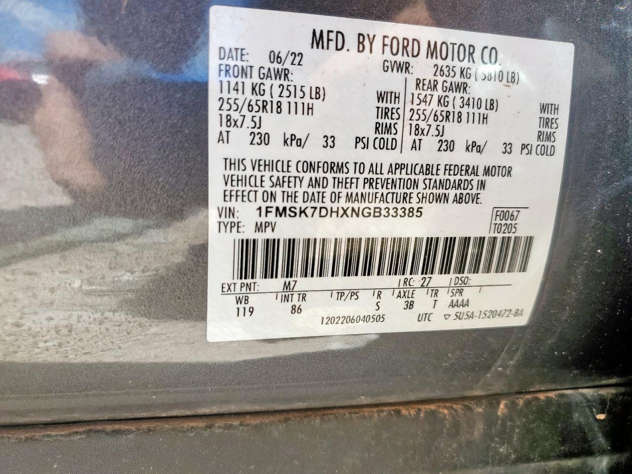 2022 Ford Explorer Xlt VIN: 1FMSK7DHXNGB33385 Lot: 66367045