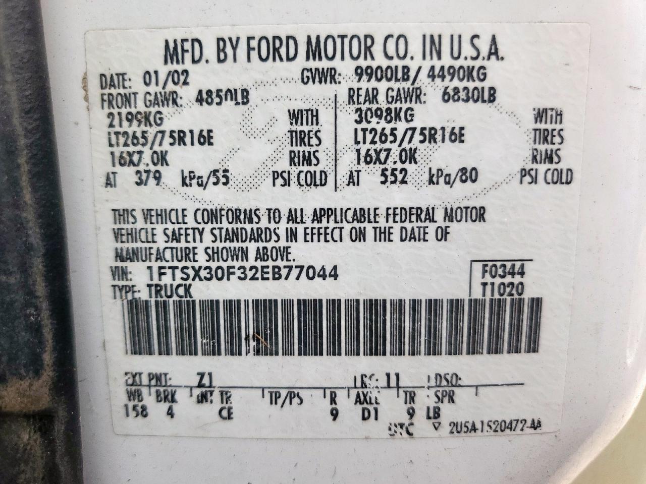 2002 Ford F350 Srw Super Duty VIN: 1FTSX30F32EB77044 Lot: 64921695