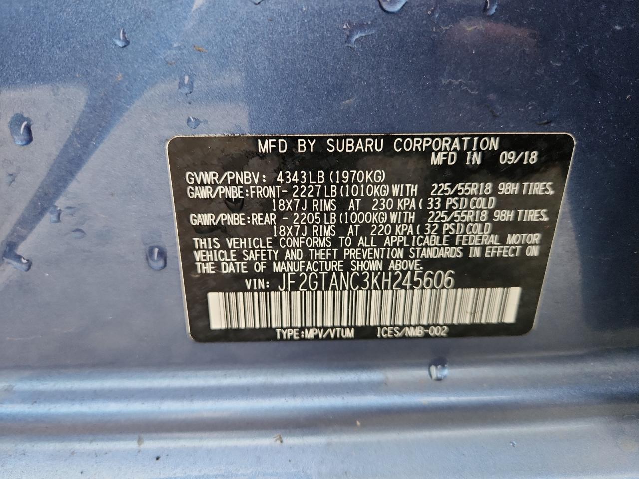 2019 Subaru Crosstrek Limited VIN: JF2GTANC3KH245606 Lot: 64925315